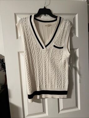 It's Our Time Cream Cable Knit V-Neck Sweater Vest with Black Trim